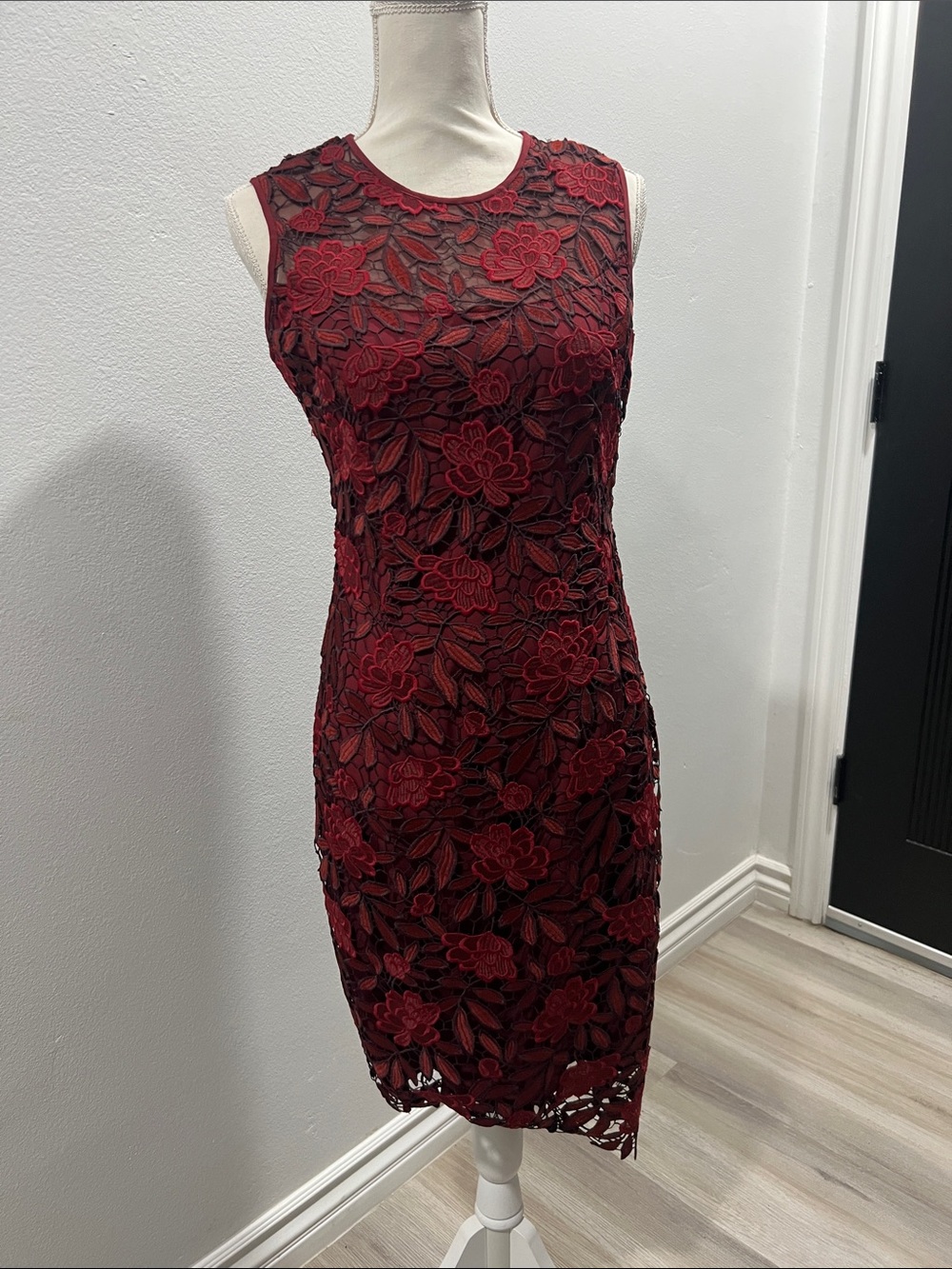 White House Black Market Red Floral Lace Midi Dress